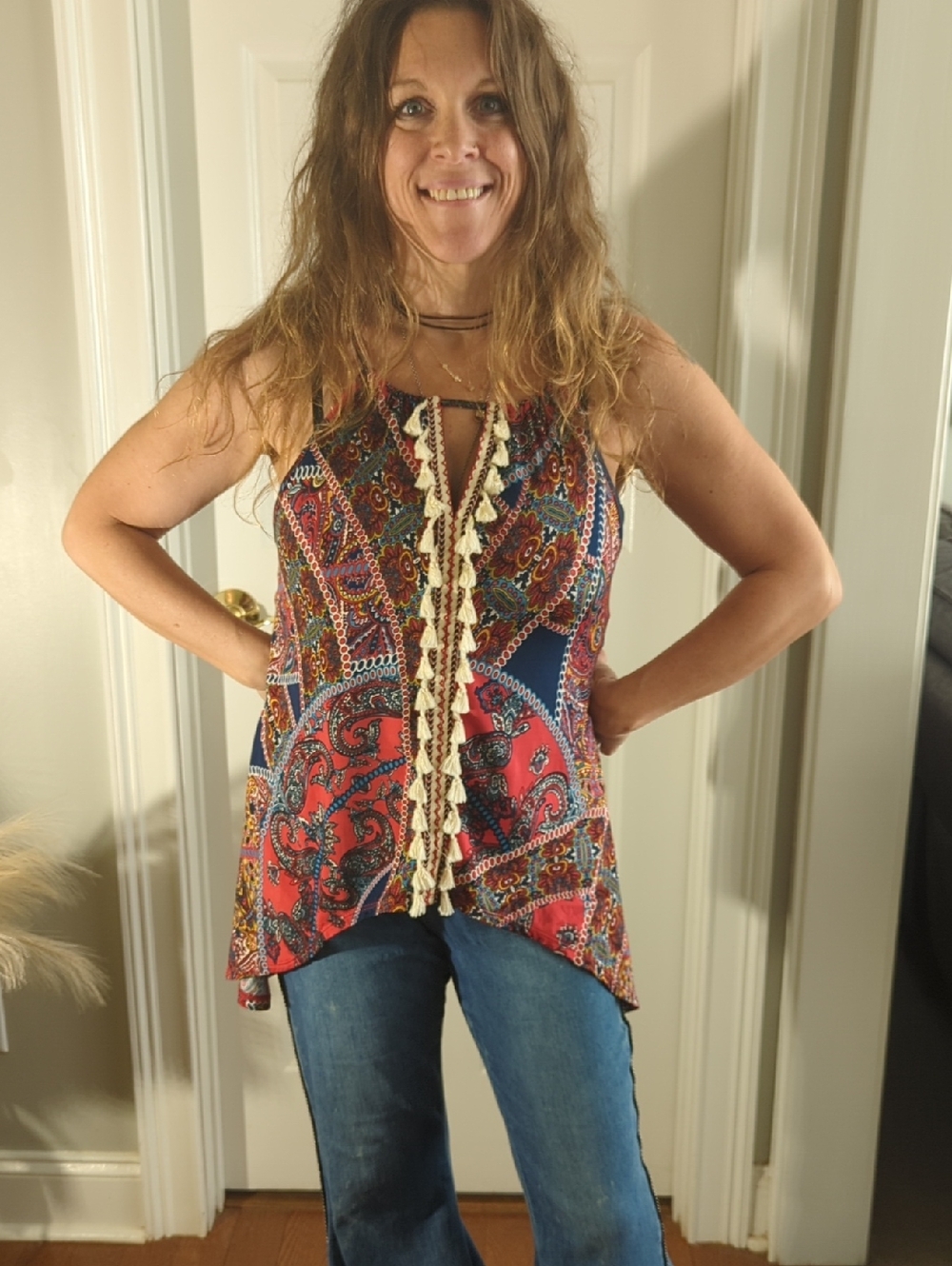 VENUS Red & Navy Paisley Tassel-Trim Camisole